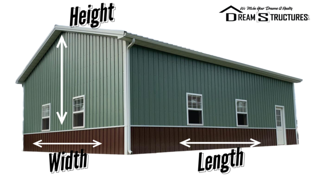 Building dimensions with height, width, and length labeled